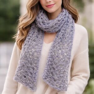 HAND CRAFTED Open Knit Scarf Long Thin Cozy Gray Purple Soft Fuzzy Mohair Silk